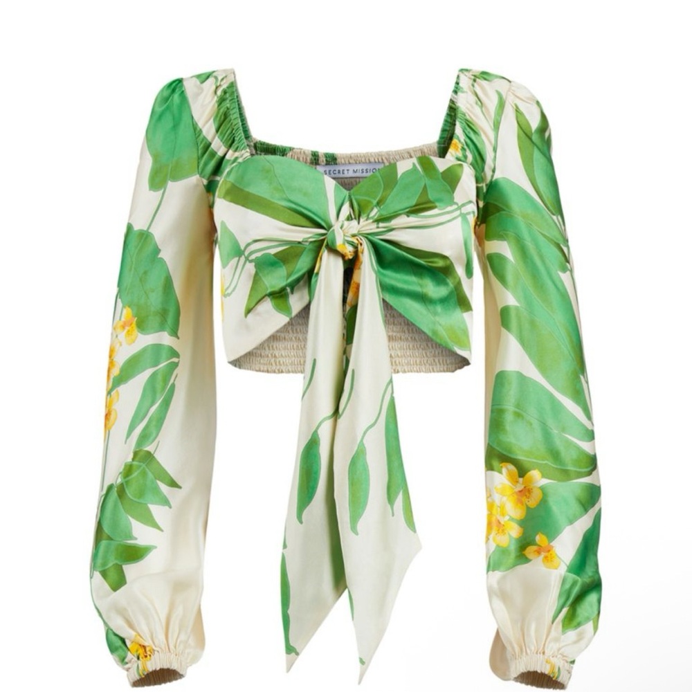 Secret Mission NWT Silk Tropical Tie Front Natalie Long Sleeve Crop Top